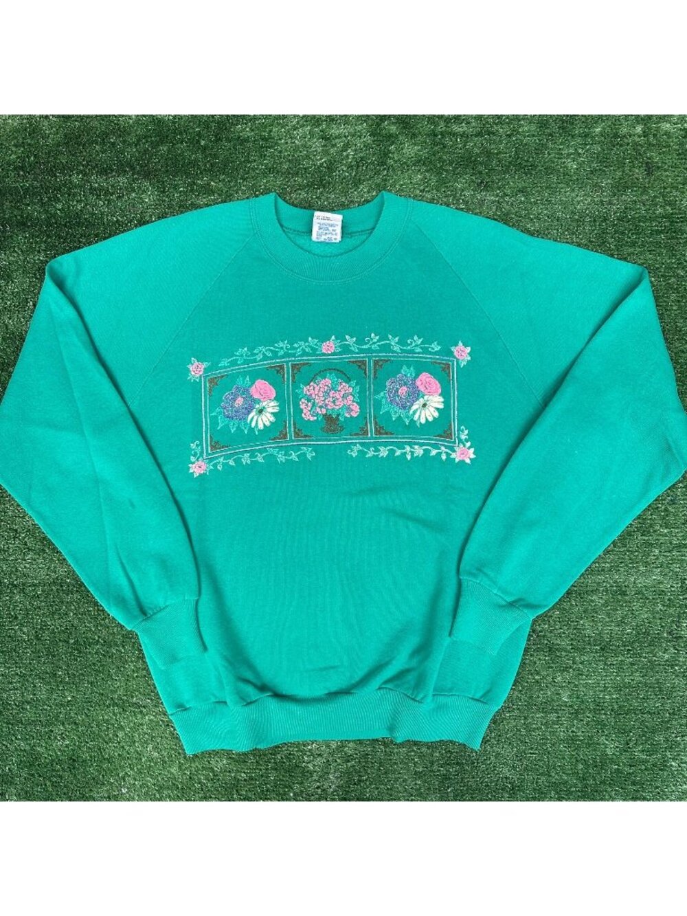 Vintage 80s Cute Pastel Floral Sweatshirt Turquoise Garden Cottage Grandma